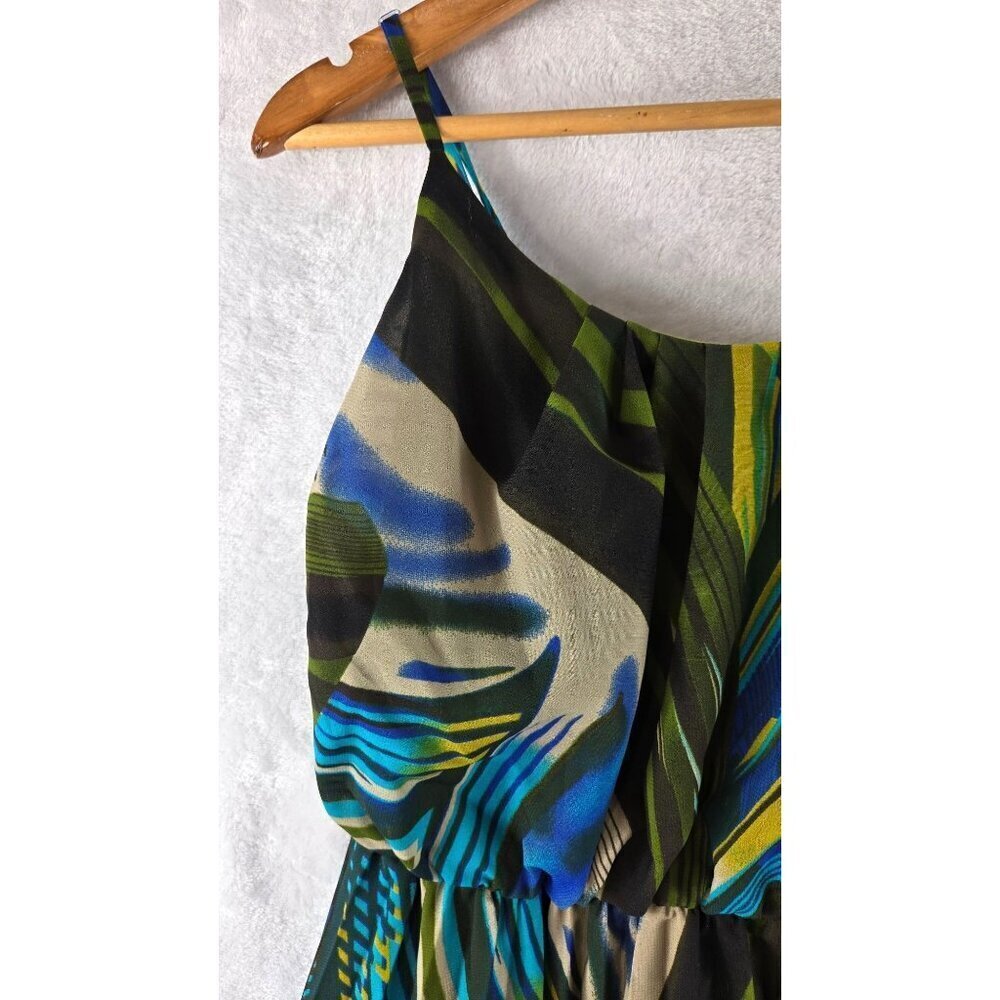 Robbie Bee Maxi Sun Dress Spaghetti Straps Sz 12 Green Blue Tropical Party - Picture 6 of 15